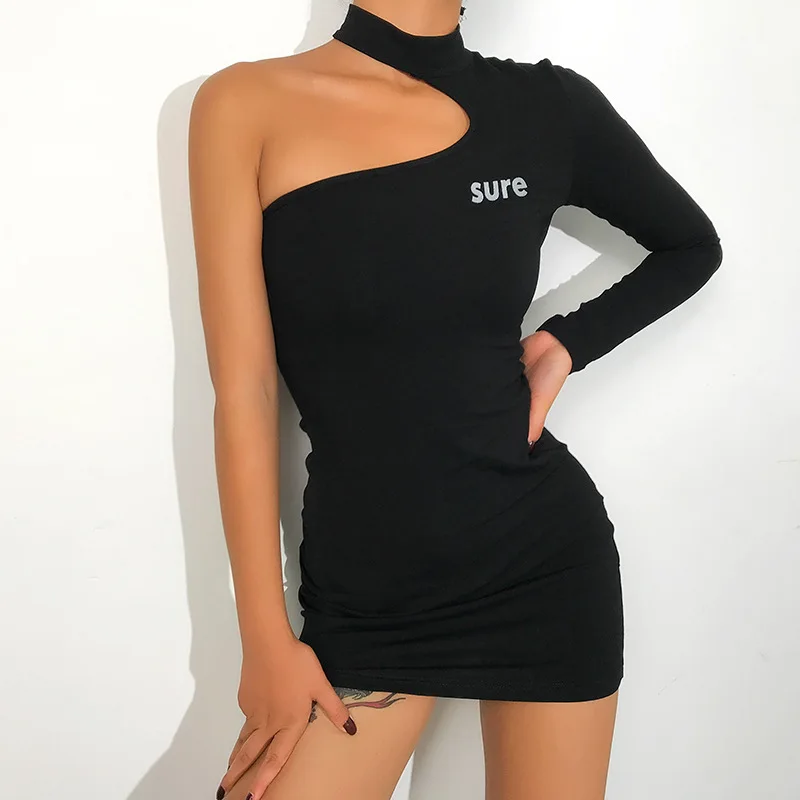 Черные Асимметричные женские Мини-бандажные платья на одно плечо с буквенным