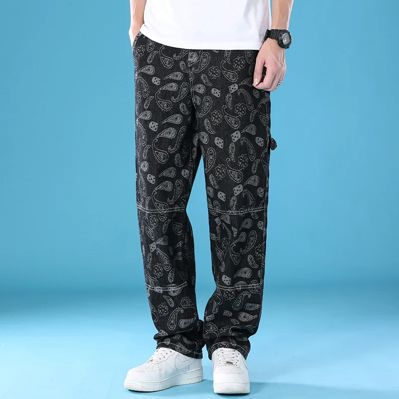 Men's Black Blue Straight Through Cashew Flower Hip Hop Loose Jeans Fashion Casual Street Style Jacquard Denim Trousers 3XL 4XL