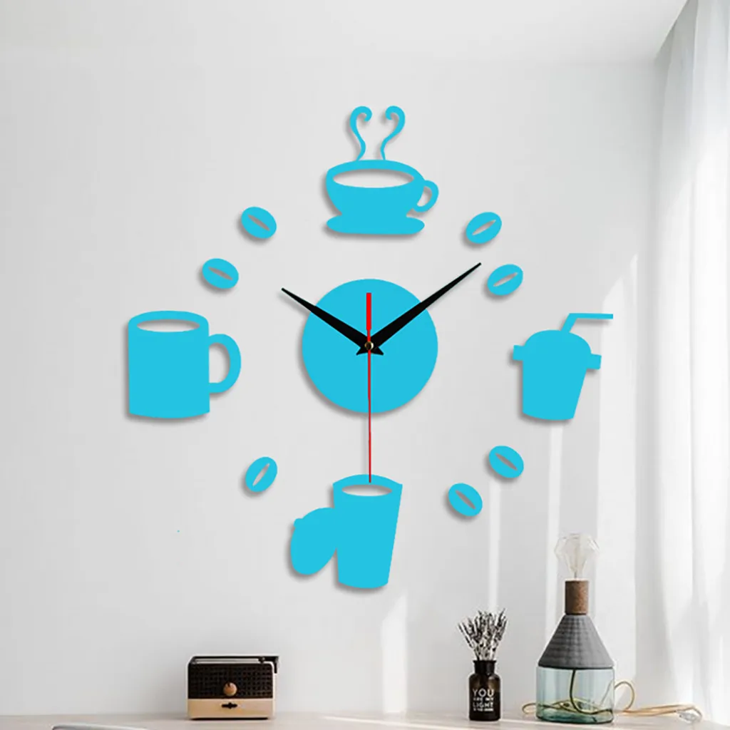 Home 3d Mirror Wall Clock Self Adhesive Modern Mute Acrylic Art Analog Kitchen Diy Coffee Cups Decor Large Decorative | Дом и сад
