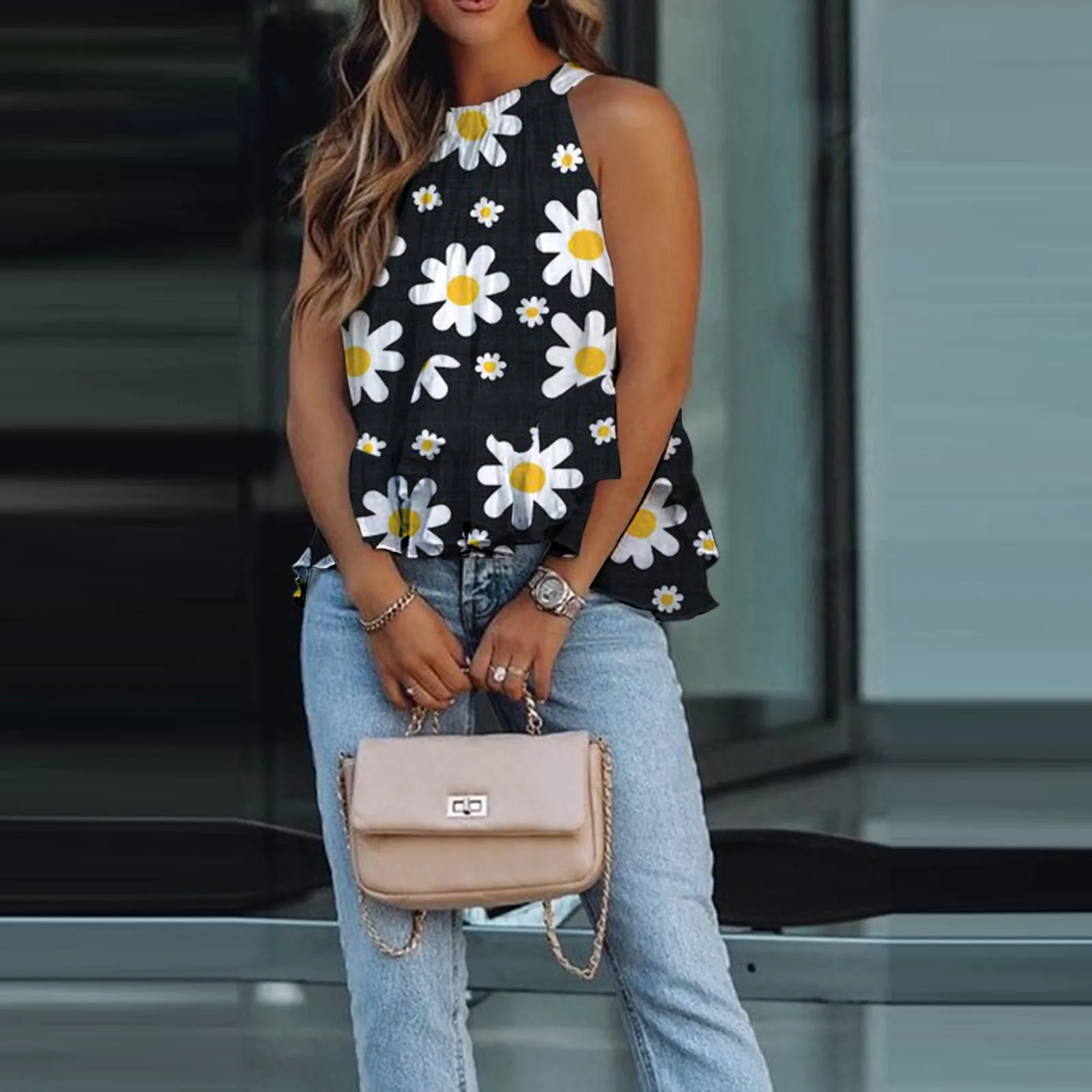 

40# Bohemian Halter Sleeveless Women Blouse Summertime Elegant Floral Print Sexy Blouse 2021 Causal Blouses Chemise Femme