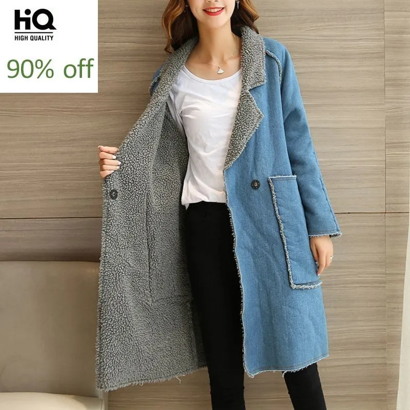 Зимние новые модные теплые пальто женские джинсовые винтажные с большими