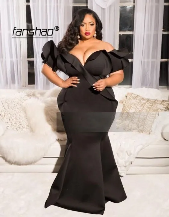 

Classic Evening Dresses Satin Mermaid Off The Shoulder Ruffles Simple Black Mono Ruched Deep V Neck Prom Gown abendkleider