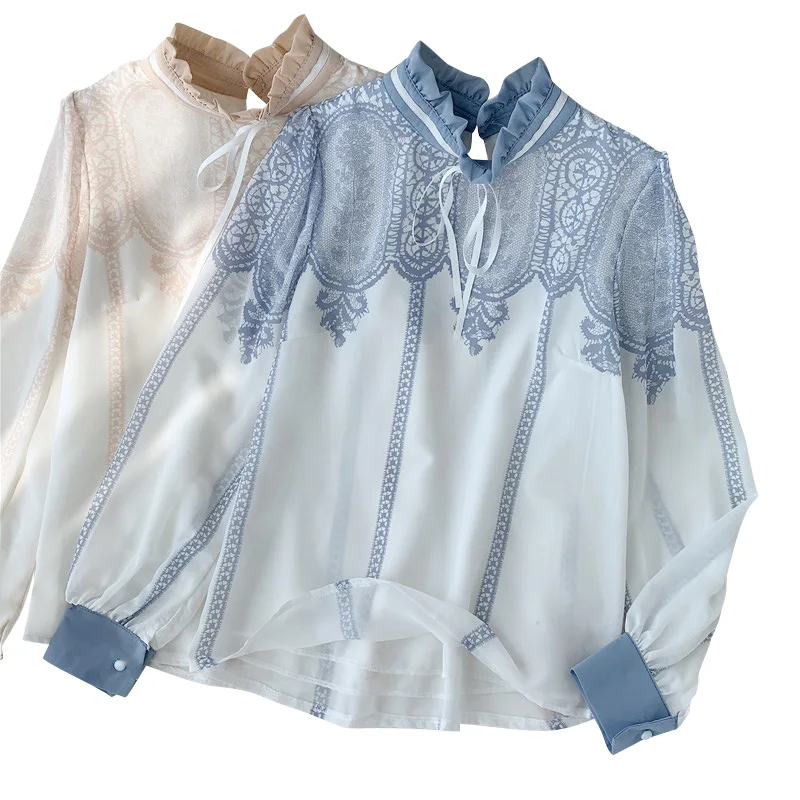 

Spring Autumn Women's Blouse Korean Style Printed Lace-up Long Sleeve Chiffon Top New Loose Casual Slim Female Tops GX334