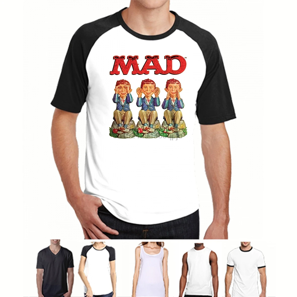 Аутентичный Mad журнал Alfred Neuman See Hear Speak взрослая футболка S M L X 2X top|Мужские
