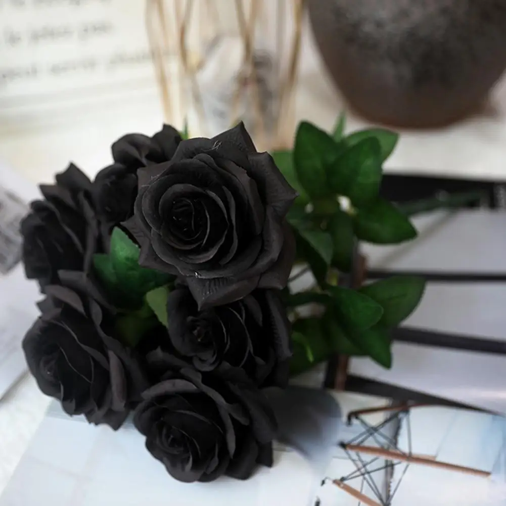 

Dropshipping 1Pc Ornamental Artificial Rose Realistic Faux Silk Flower Reusable Fake Black Floral Decor for Indoor