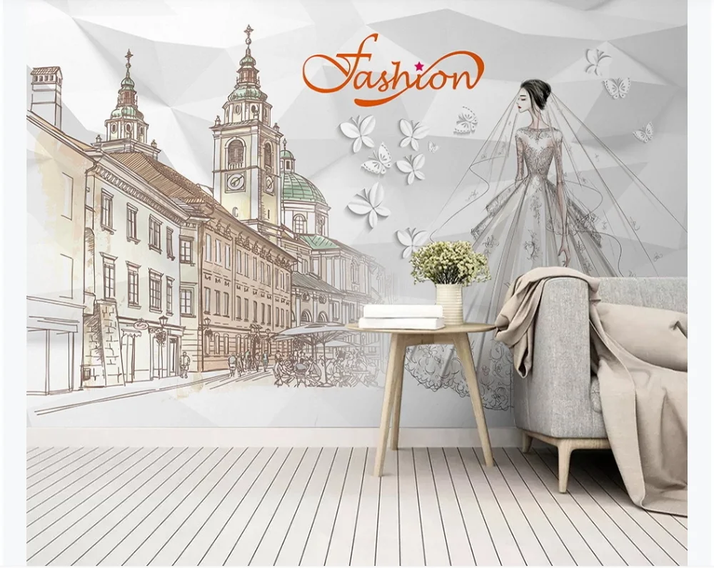 Пользовательские 3D обои роспись модное свадебное платье европейский город