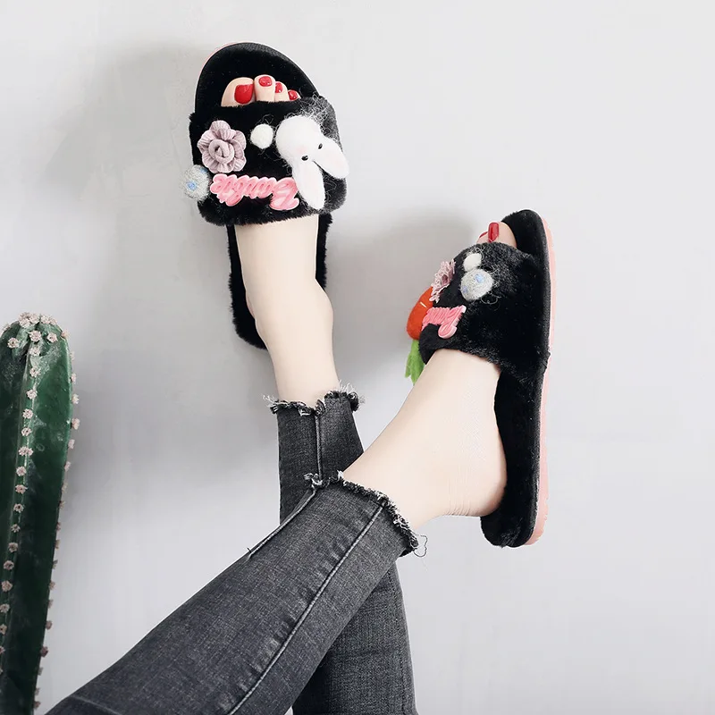 

Fashion Flower Women Winter Slippers Velvet Snow Female Slipper Indoor Home Shoes Plus Size Ladies Soft Comfort Shoes Furry Bow