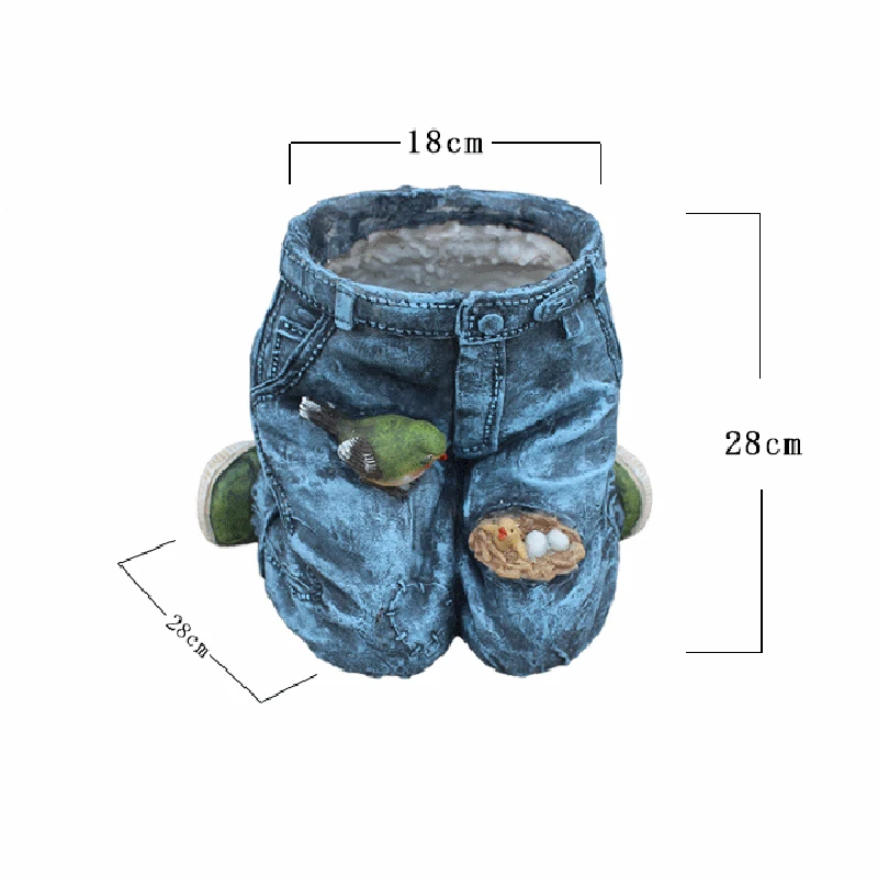 

Denim Clothes Pants Resin Flower Pot Decorative Patched Trousers Plant Holder with Bird Nest Decor Garden Ornament BV789