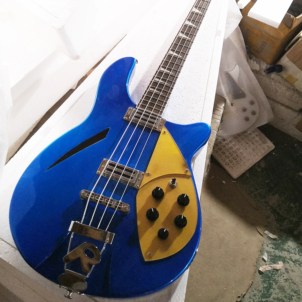 Бесплатная доставка, 4 струны, металлик, синий, полупустотелый электрический бас с золотой накладкой, подставка из розового дерева