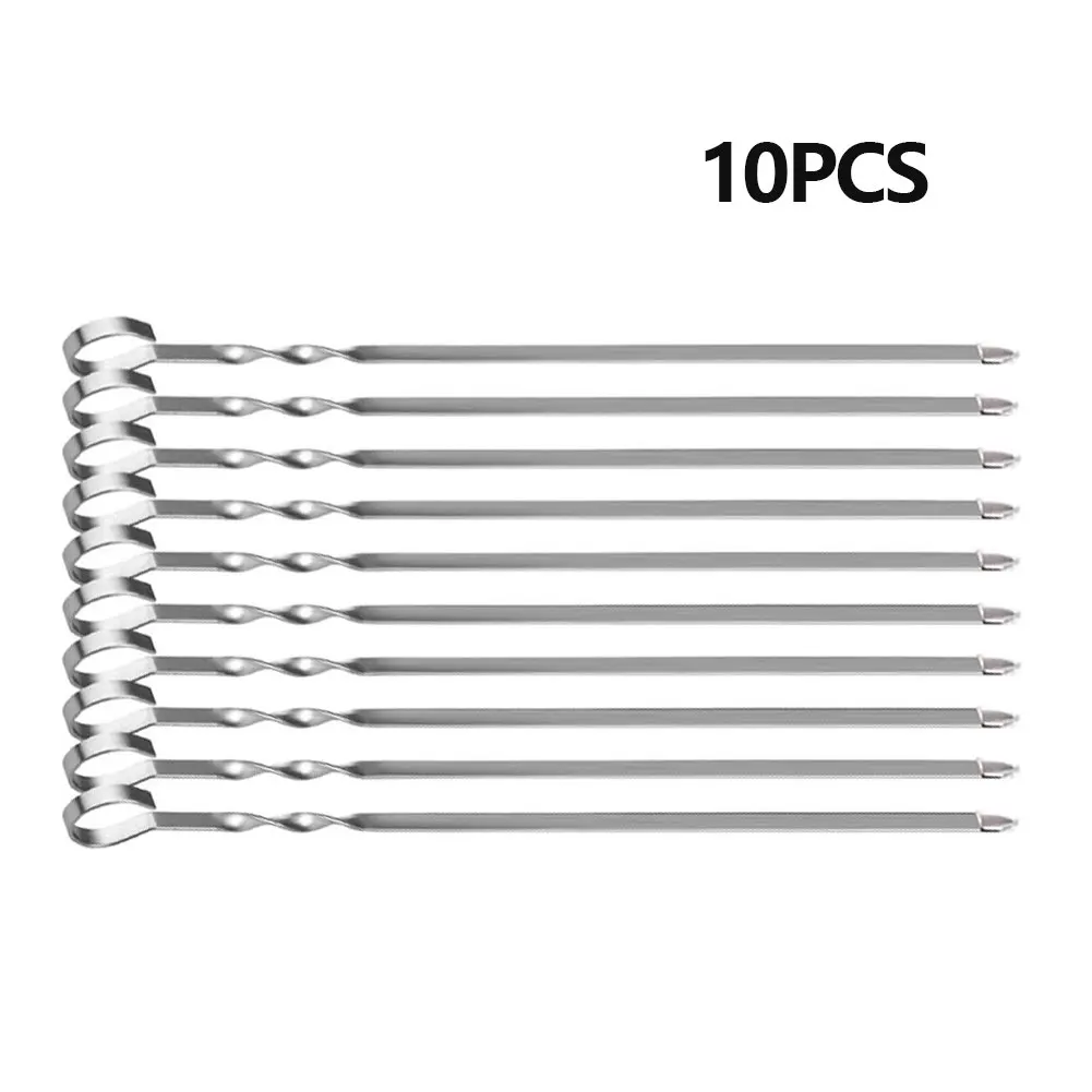 

10PCS Kebab Skewers Stainless Steel BBQ Kebab Reusable Skewer Sticks Flat Forks for Meat Vegetables Kitchen Accessories Tools