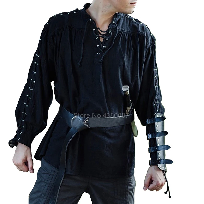 

Medieval Cosplay Costume Nordic Viking Pirate Fashion Men Bandage Long Sleeve Renaissance Shirt Knight Halloween Party Men Shirt