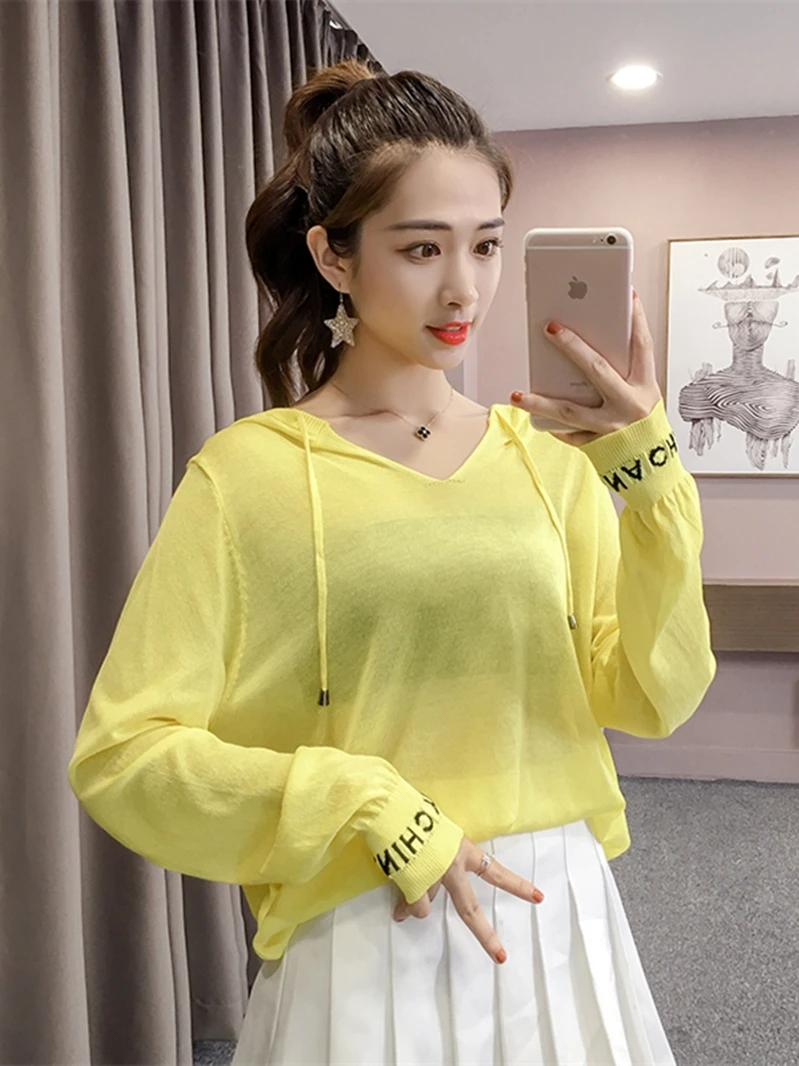 

dropshipping 2021 new loose hooded thin sunscreen top women's knitted bottoming shirt hollow blouse cropped sweater