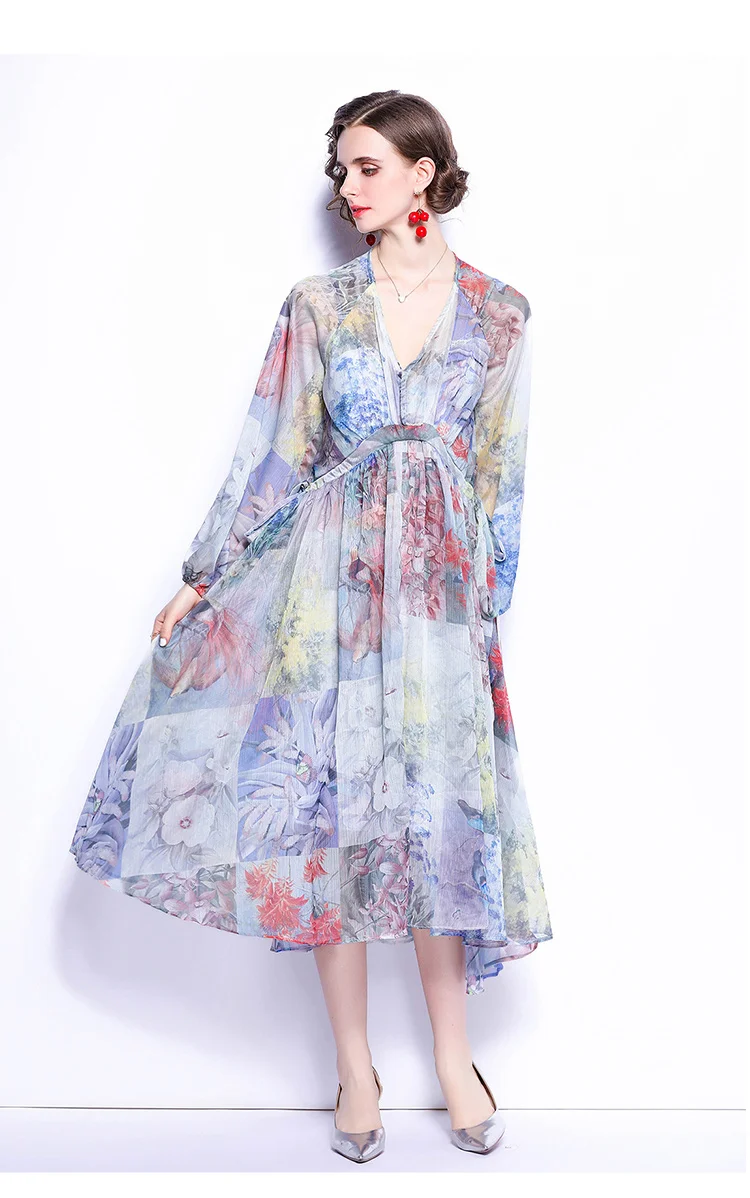 

2021 French ink smudged flower and bird chiffon elegant print V-neck loose lantern sleeves drawstring long dress women