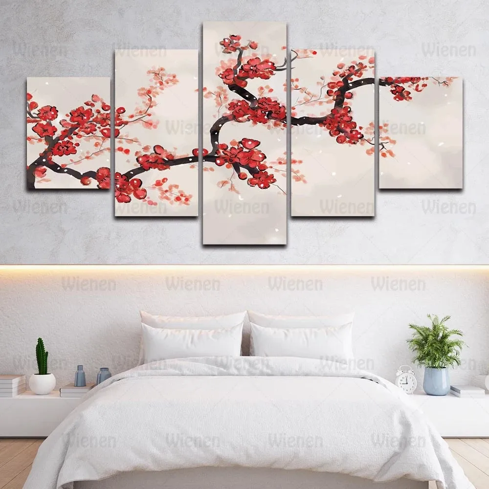 

Canvas Hd Prints Posters Wall Art 5 Pieces Abstract Pink Cherry Blossoms Paintings Spring Scenery Pictures Home Decor Frameless