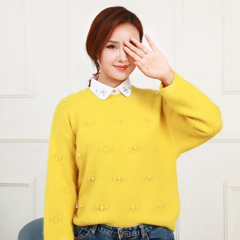 

Handmade Beading False Fake Collar Rhinestone Floral Lapel Detachable Half Shirt 6XDA