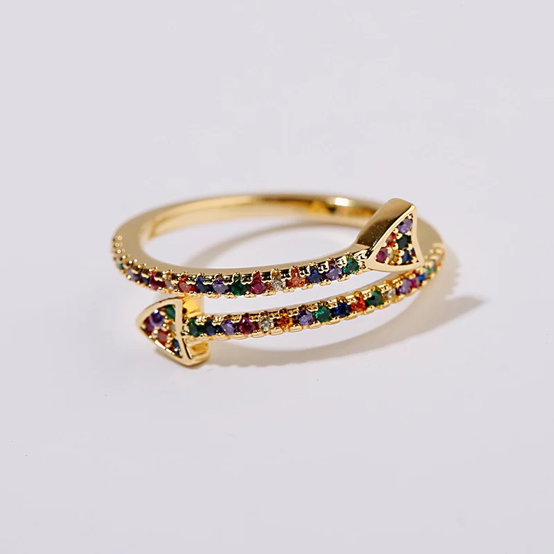 

Open Double Arrow Ring Women Girls High Quality Gold Color Pave Rainbow Cubic Zircon Ring Party Wedding Bride Jewelry anillo