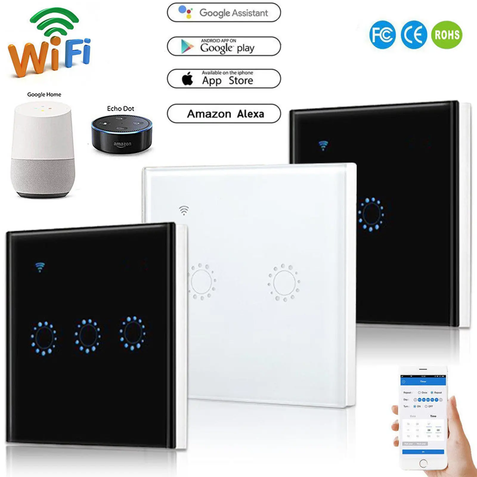Wifi умный сенсорный выключатель приложение беспроводной дистанционный светильник настенный переключатель Хрустальная стеклянная панель работает с Alexa/Google Home EU/UK standard