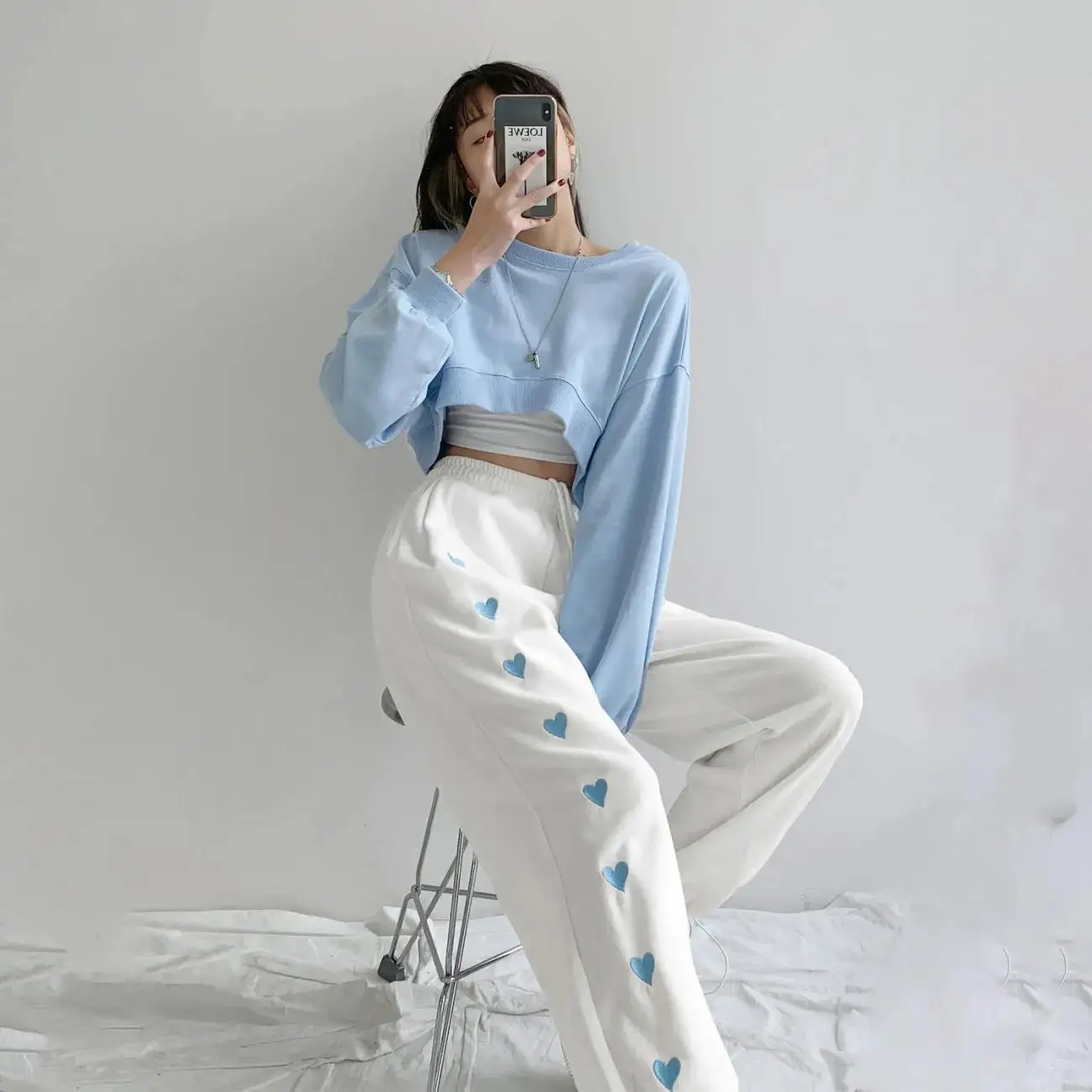 

Korean Fashion Sweatpants Heart Embroidery Women's Sports Pants Elastic Waist Summer Loose Y2K Aesthetics Trousers for Female