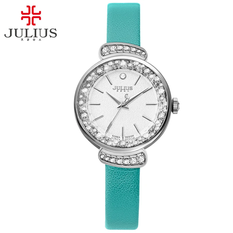 

JULIUS JA-866 Women's Fashion Dress Watch Rhinestone Whatches Mint Green Pink Leather Strap Slim Watch for Small Wrist Relogio