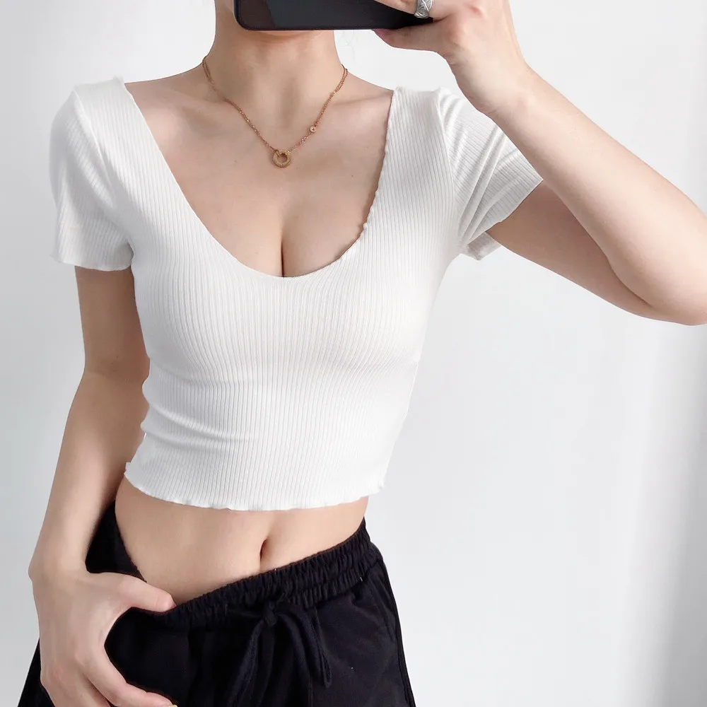

Summer new street fashion solid color big V-neck short-sleeved tight T-shirt women, sexy all-match short stretch T-shirt women