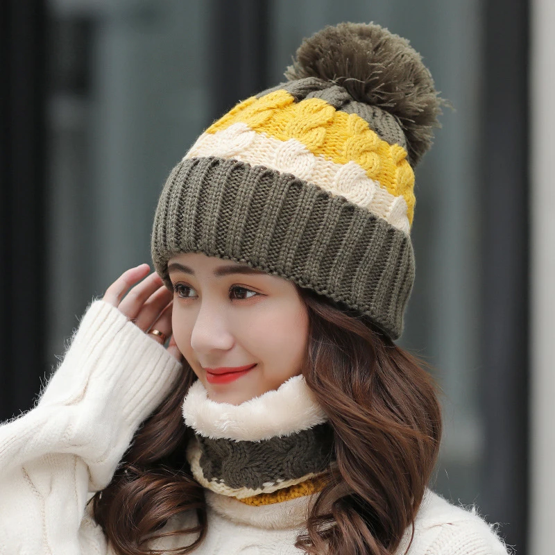 Warm Winter Knit Beanies for Women - Windproof and Cycling Compatible Thick Hats with Bib, Stitching, and Wool Knitting - Set of 2 Caps image 4
