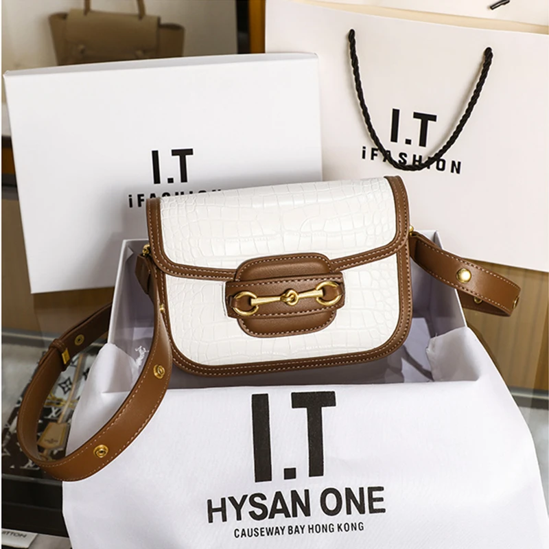 

Genuine Leather Vintage Crocodile Pattern Saddle Bags Ladies Fashionable Purses and Handbags Famous Brand Designer Satchels