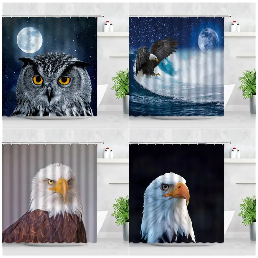 

Wild Animals Owl Eagle Pattern 3D Printing Home Bathroom Curtain Personality Waterproof Decor Screens Shower Curtains With Hooks