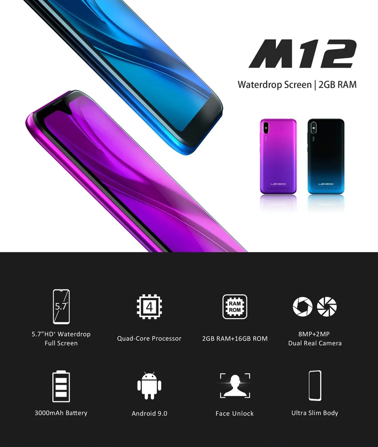 Смартфон LEAGOO M12 Android 9 0 5 7 &quotс каплями воды 19:9 экран 2 Гб ОЗУ 16 ПЗУ MT6739WW