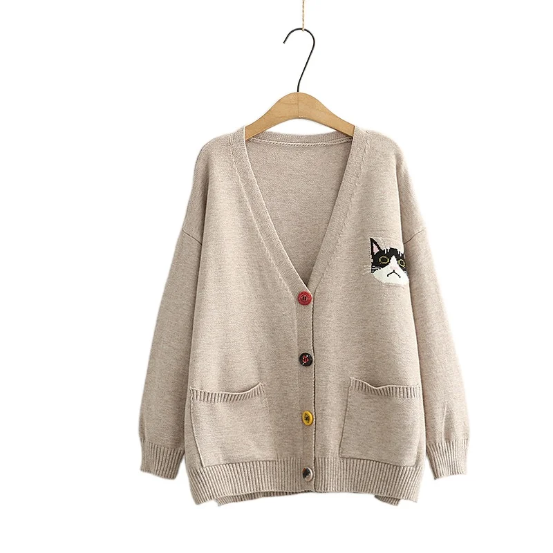 

Harakuju Cartoon Cat Jacquard Knit Women Cardigan 2021 Winter Full Sleeve V-neck Korean Fashion Female Kawaii Jumpers Soft Top