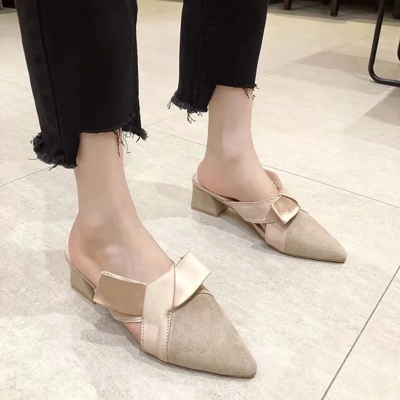 Женские шлепанцы с бантом ertzk модные острым носком на высоком каблуке E512