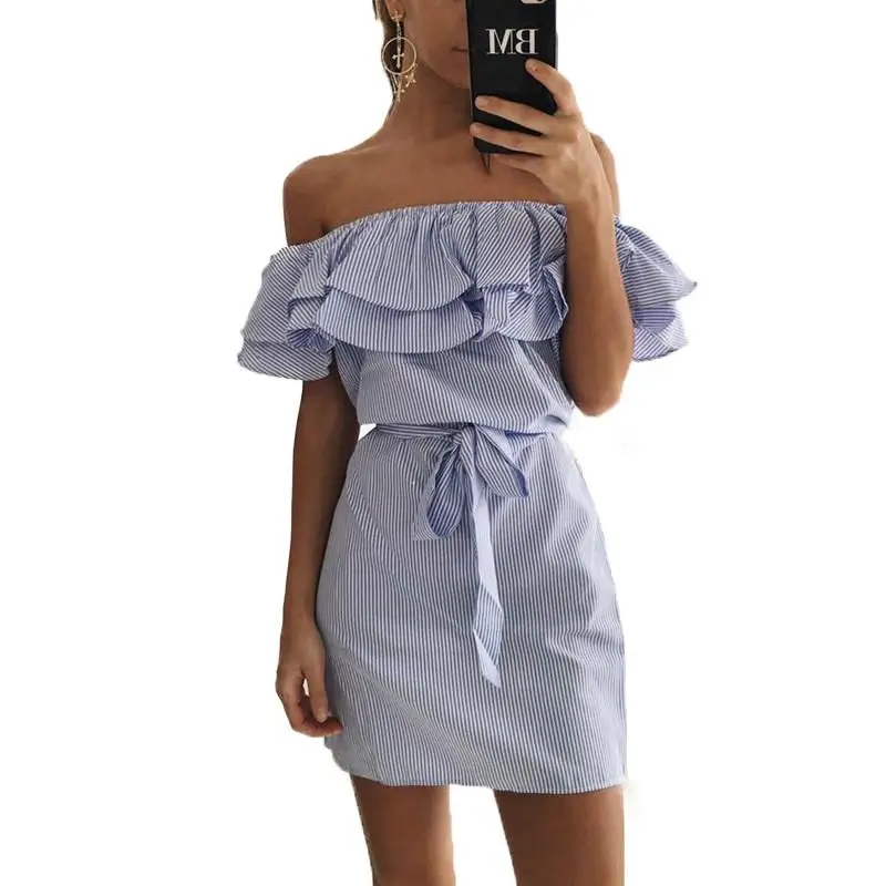 Women Dresses Striped Summer Ruffle Collar Dress Bandage Sundress Casual | Женская одежда