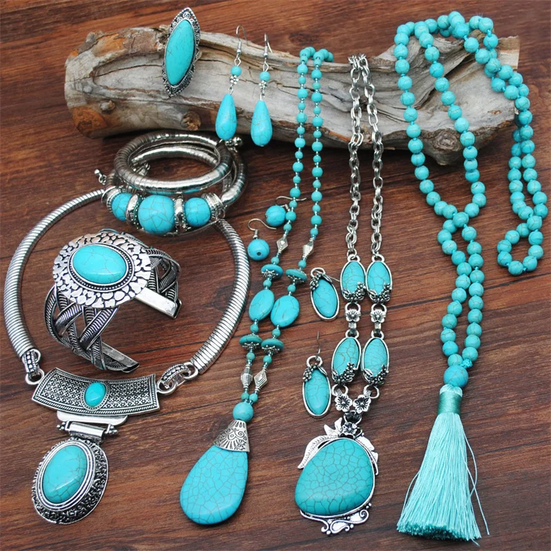 

New Retro Turquoise Jewelry Ethnic Style Necklace Earrings Ring Bracelet Women's Combination Set Wholesale