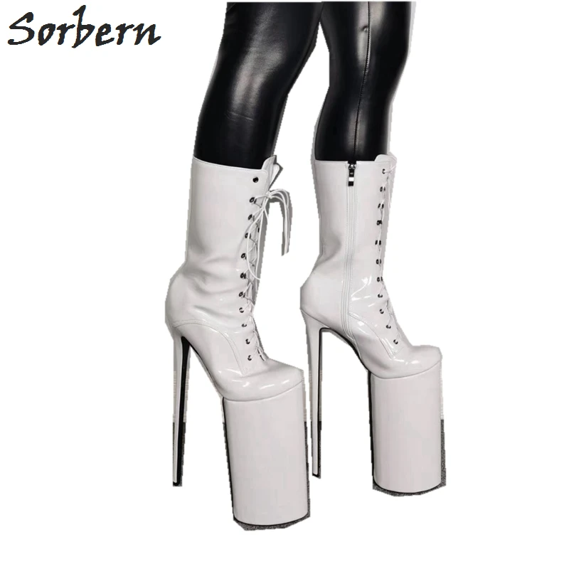 Sorbern/белые сапоги на очень высоком каблуке женские до середины икры 30 см обувь