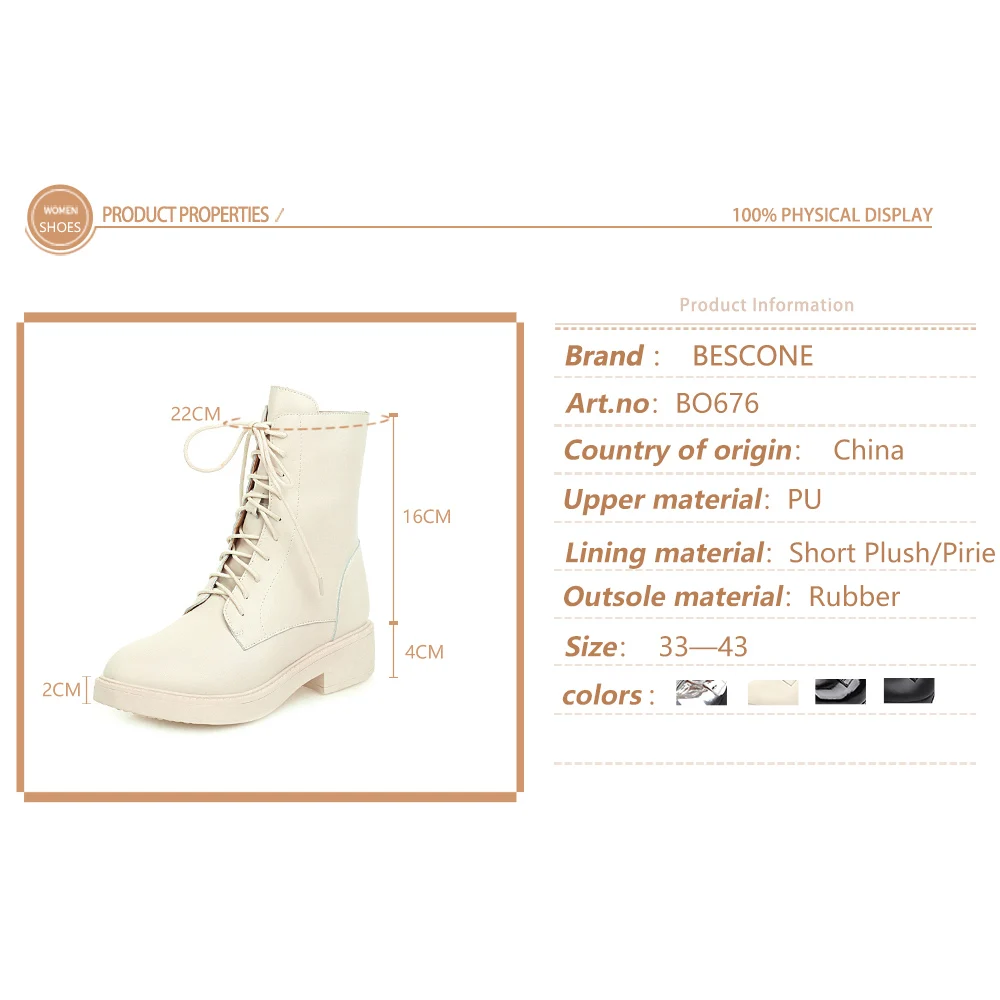 

BESCONE New Stylish Ankle Boots High Quality Round Toe Square Heel Lace-up Decoration Zipper Boots Warm Winter Women Shoes BO676
