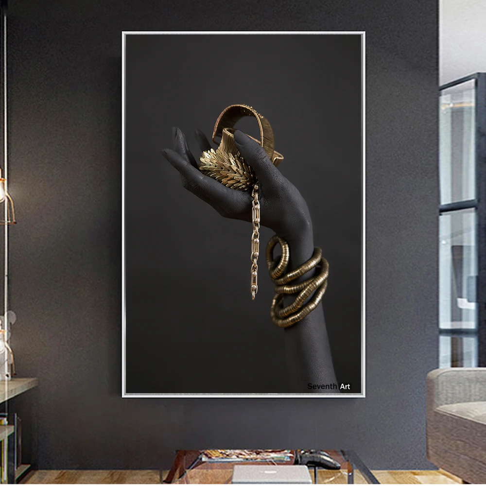 

African Decorations Black Woman's Hand Gold Jewelry Wall Art Canvas Paintings on The Wall Posters and Prints Wall Decoration
