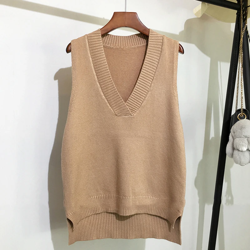 

LJSXLS Solid V Neck Knitted Vest Women Sweater 2021 Autumn Winter New Korean Casual Loose Wild Sleeveless Sweaters Vest pullover