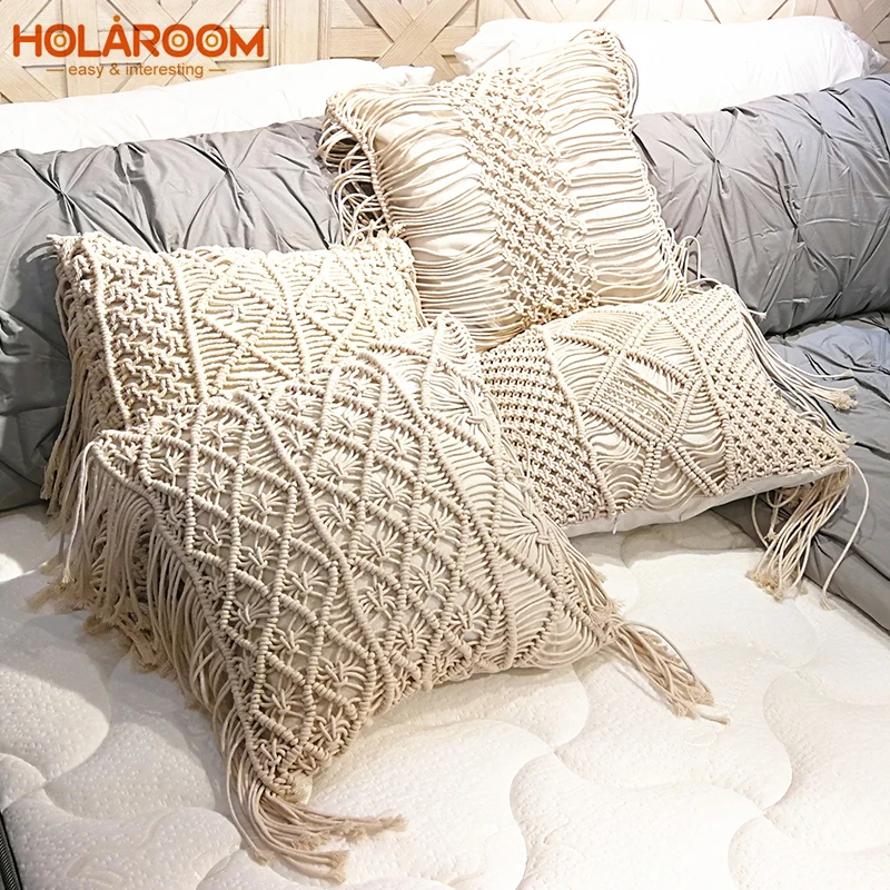 

Boho cushion cover macrame pillows case bohemia geometric pattern cotton thread with tassels pillowcase sofa throw home decor