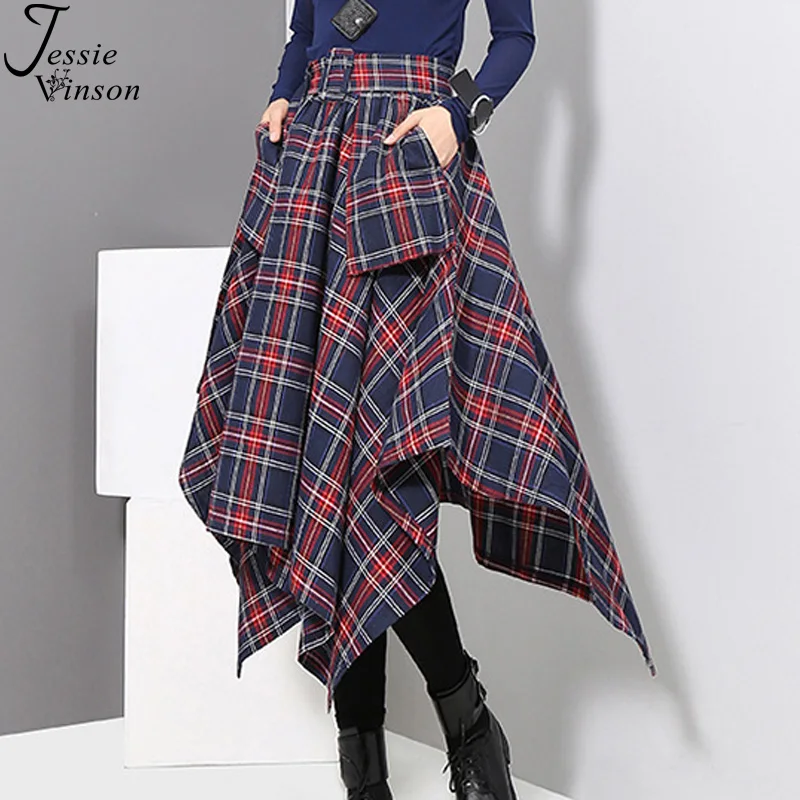 Джесси Винсон Высокая талия плед поясом Асимметричная юбка для женщин корейский