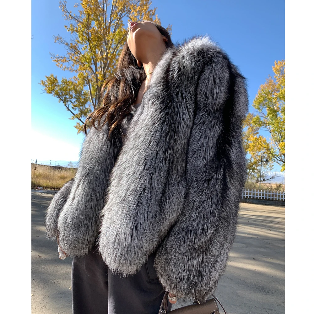 Natural Silver Fox Fur Jacket V-neck Women Winter Fashion Whole Skin Genuine Silver Fox Fur Coat for Woman Trendy Fur Overcoats