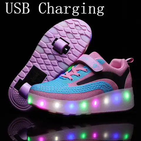Детские кроссовки с колесиками, модная обувь для роликовых коньков, со светодиодной светильник кой, зарядка через USB, розовые