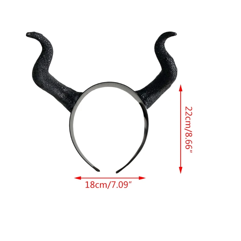 

Halloween Witch Black Long Ox Horn Headband Movie Demon Evil Queen Glitter Hair Hoop Gothic Cosplay Costume Headpiece