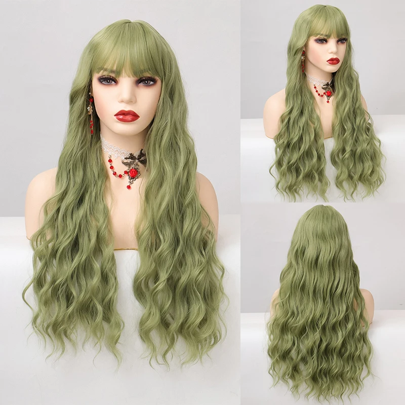 MANWEI Green Long Curly Wave Synthetic Wigs for Women Daily Party Cosplay Hair Wigs with Bangs Heat Resistant Wig