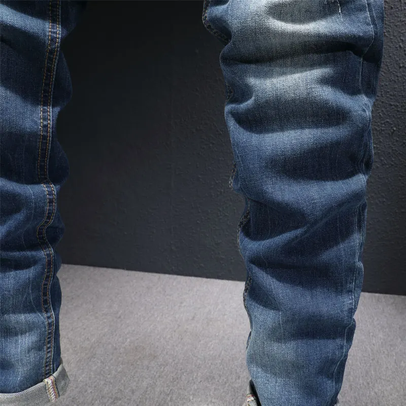 European Vintage Fashion Men Jeans Retro Dark Blue Elastic Slim Fit Ripped Jeans Men Korean Style Street Designer Denim Pants
