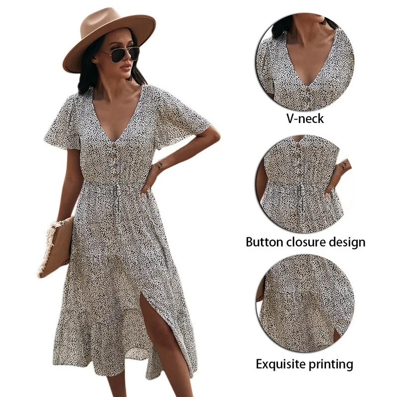 

2021 New Spring Print Long Dress Women V Neck Short Sleeve Lace Up Button Dress For Woman Sexy Leopard Summer Dress Dropshipping