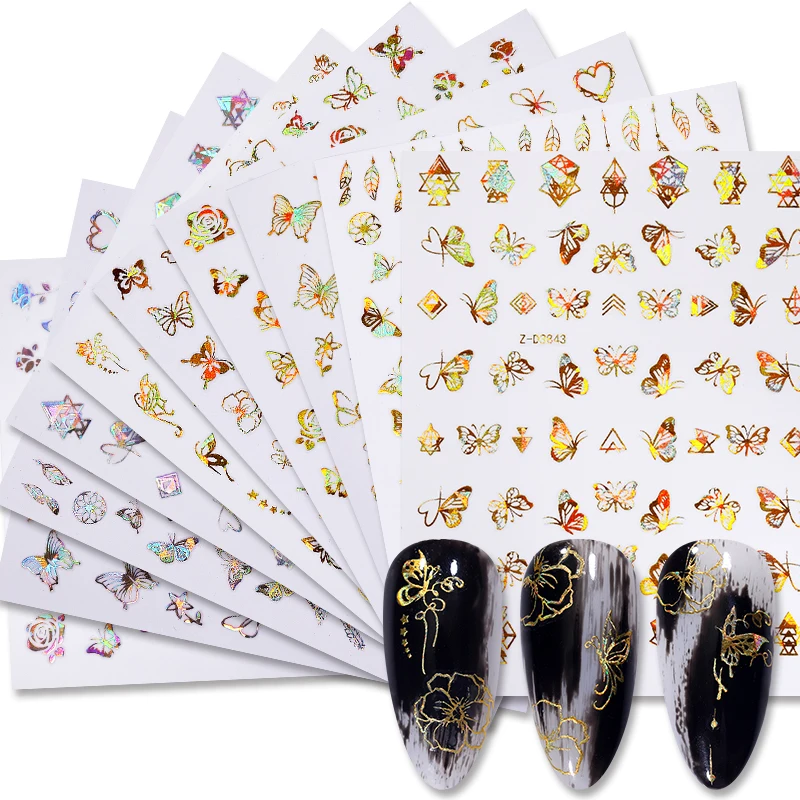 1 лист 3D цветные наклейки на ногти бронзовые и серебряные пустотелые бабочки