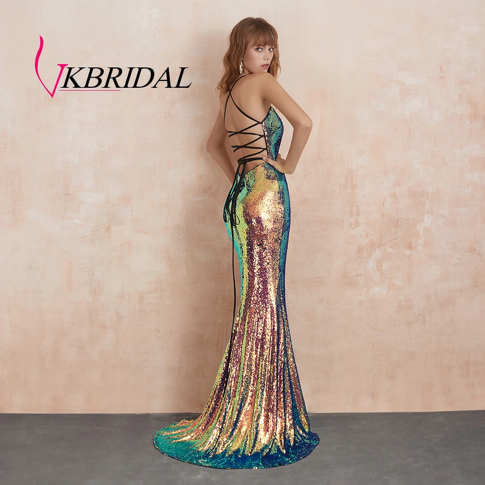 Женское вечернее платье VKBRIDAL длинное блестящее с лямкой на шее и открытой спиной