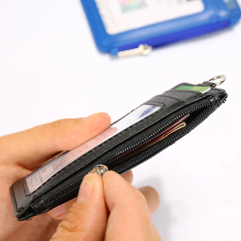 pu leather id badge holder with zipper porte bus pass case cover slip men womens bank credit card holder with polyester lanyard free global shipping