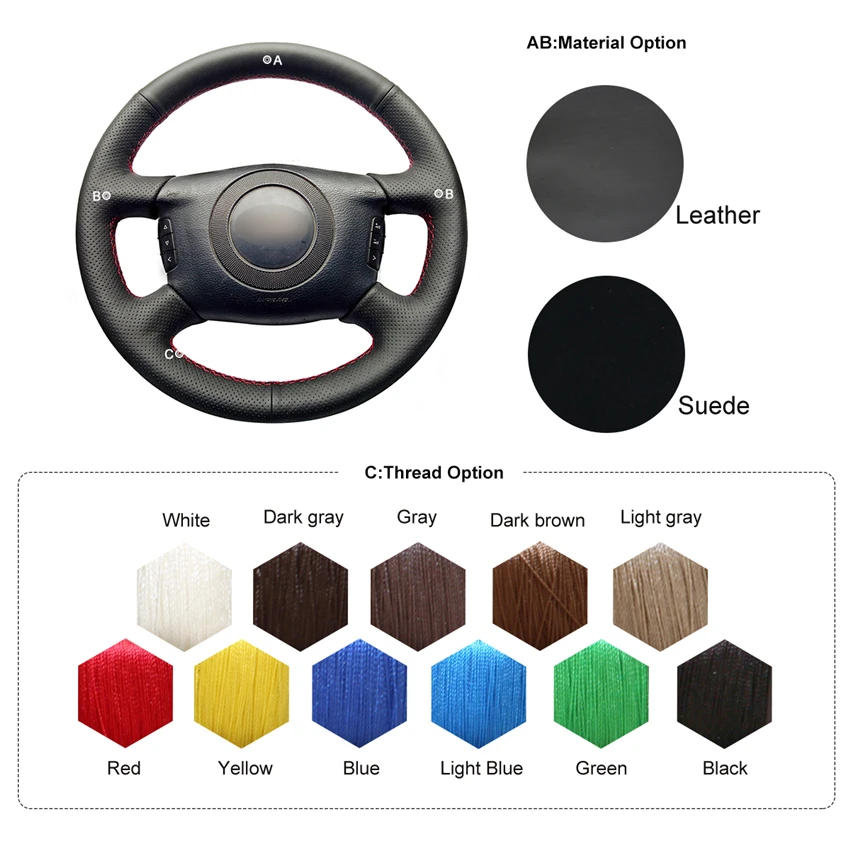 

MEWANT Hand-stitched Black Genuine Leather Car Steering Wheel Covers for Audi A2 (8Z) A6 (C5) Avant A8 (D2) S4 2003-2005