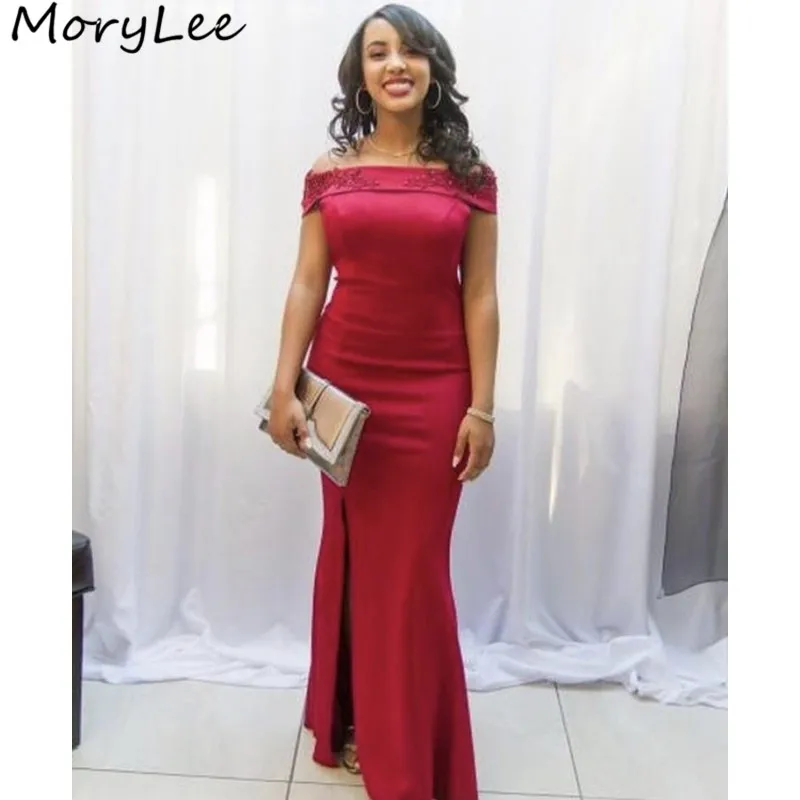 

Red Prom Dresses Boat Neck Sweep Train Side Slit Satin Mermaid Prom Dresses With Zipper Back vestidos de fiesta de noche