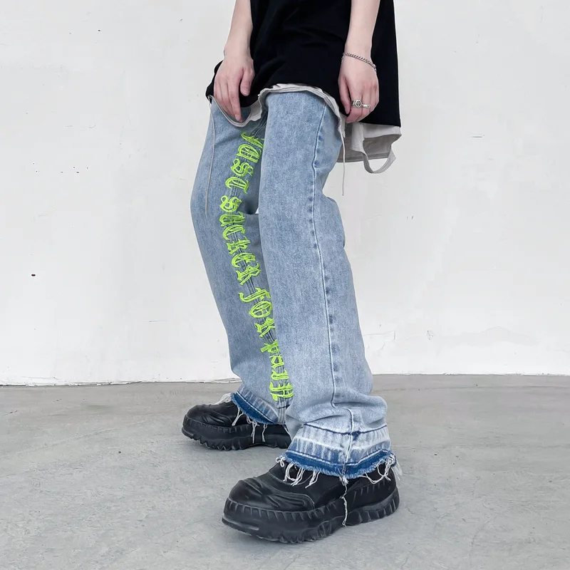 Fashion Letters Embroidery Denim Flare Jeans Mens High Street Elastic Waist Straight Trouser Hip Hop Streetwear Pants Joggers